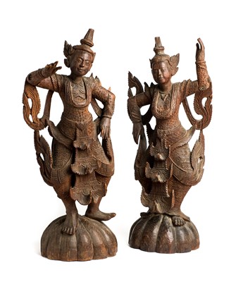 Lot 176 - A PAIR OF WOOD FIGURES OF DANCERS, BURMA, CIRCA 1900