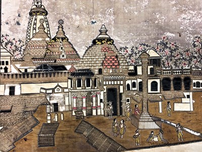 Lot 179 - AN EMBROIDERED SILK PANEL DEPICTING THE JAGANNATH TEMPLE, PURI, CIRCA 1900