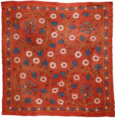 Lot 182 - AN OTTOMAN SILK EMBROIDERED COTTON PANEL, 19TH CENTURY