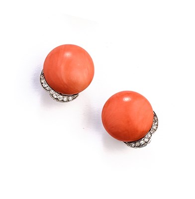 Lot 471 - PAIR OF CORAL AND DIAMOND EAR CLIPS