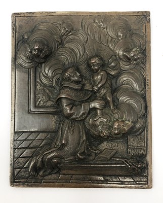 Lot 197 - A BRONZE RELIEF PLAQUE OF ST ANTHONY OF PADUA, PROBABLY SPANISH