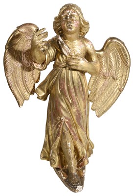 Lot 201 - A GILTWOOD FIGURE OF AN ANGEL, 17TH CENTURY AND LATER