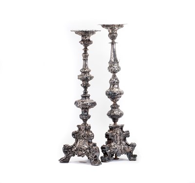 Lot 227 - TWO SILVERED METAL ALTAR CANDLESTICKS, PROBABLY ITALIAN, MID 18TH CENTURY