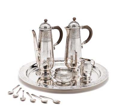 Lot 252 - A GEORGE V SILVER CAFE-AU-LAIT SET WITH TRAY, LIBERTY'S, BIRMINGHAM, 1914-18