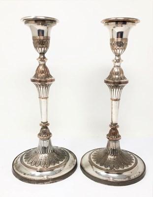 Lot 292 - A PAIR OF SHEFFIELD PLATE CANDLESTICKS, CIRCA 1790