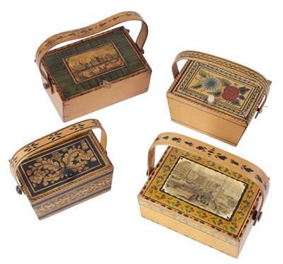 Lot 347 - A COLLECTION OF FOUR TUNBRIDGE OR BRIGHTON WARE MINIATURE SEWING BOXES