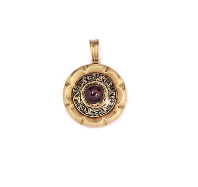 Lot 373 - GOLD, GARNET AND ENAMEL MOURNING PENDANT, CIRCA 1834