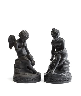 Lot 6 - TWO WEDGWOOD BLACK BASALT FIGURES OF CUPID AND PSYCHE