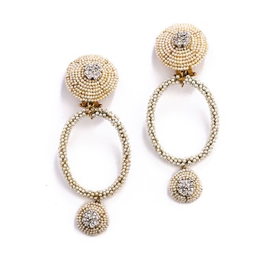 Lot 468 - PAIR OF SEED PEARL AND DIAMOND PENDENT EARRINGS