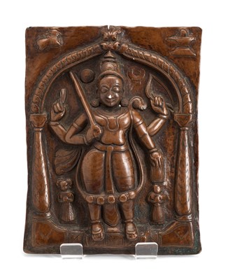 Lot 82 - A COPPER REPOUSSE VIRABHADRA PLAQUE