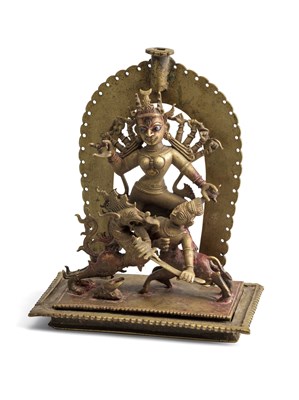 Lot 116 - A BRONZE SHRINE DEPICTING DURGA MAHISASURAMARDINI