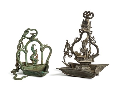 Lot 128 - TWO BRONZE HANGING LAMPS