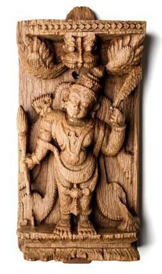 Lot 163 - A CARVED WOOD PANEL FROM A PROCESSIONAL CHARIOT (RATHA)