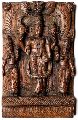 Lot 168 - A CARVED WOOD RELIEF PANEL DEPICTING VISHNU WITH SRI DEVI AND BHU DEVI