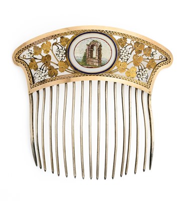 Lot 202 - A FRENCH SILVER, GOLD AND MICROMOSAIC HAIR COMB, PARIS, 1798-1809