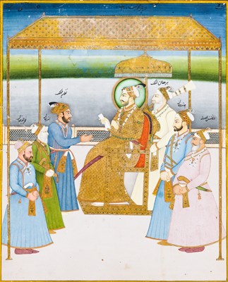 Lot 205 - A PORTRAIT OF THE EMPEROR MUHAMMAD SHAH WITH HIS COURTIERS