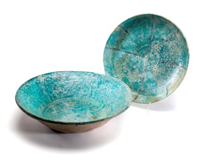 Lot 221 - TWO KASHAN TURQUOISE GLAZED BOWLS