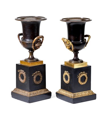 Lot 274 - â’¼ A PAIR OF FRENCH BRONZE PEDESTAL VASES