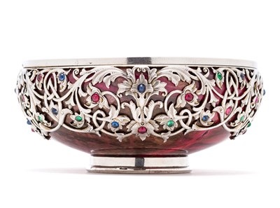 Lot 297 - A FABERGE JEWELLED SILVER-MOUNTED RHODONITE BOWL