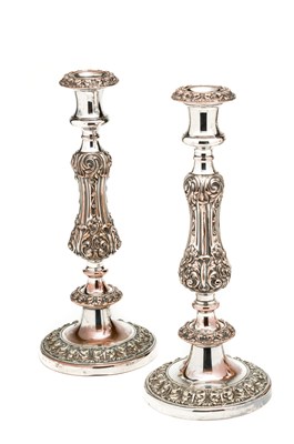 Lot 337 - A PAIR OF GEORGE IV SHEFFIELD PLATE LARGE CANDLESTICKS