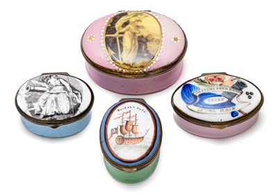 Lot 379 - A GROUP OF FOUR ENGLISH ENAMEL 'NAVAL INTEREST' PATCH BOXES