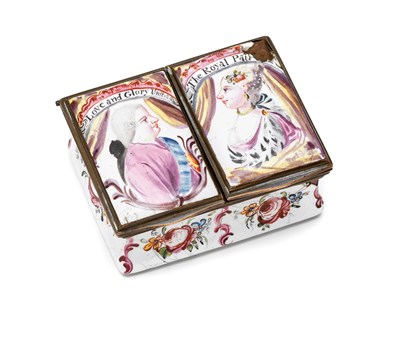 Lot 381 - AN ENGLISH ENAMEL 'ROYAL WEDDING' SMALL DOUBLE BOX