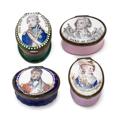 Lot 382 - A GROUP OF FOUR ENGLISH ENAMEL 'ROYAL PORTRAIT' PATCH BOXES