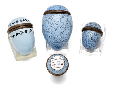 Lot 385 - A GROUP OF FOUR EGG-SHAPED ENGLISH ENAMEL SMALL BOXES