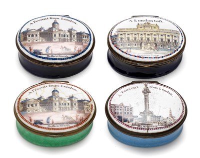 Lot 387 - A GROUP OF FOUR ENGLISH ENAMEL 'LONDON SOUVENIR' PATCH BOXES