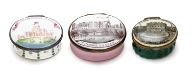 Lot 390 - A GROUP OF THREE ENGLISH ENAMEL SOUVENIR PATCH BOXES