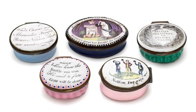 Lot 394 - A GROUP OF FIVE ENGLISH ENAMEL 'NELSON' PATCH BOXES