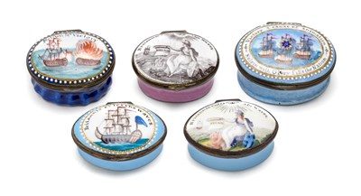 Lot 396 - A GROUP OF FIVE ENGLISH ENAMEL 'NELSON' PATCH BOXES