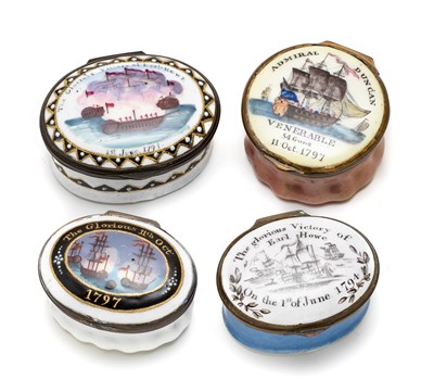 Lot 397 - A GROUP OF FOUR ENGLISH ENAMEL PATCH BOXES COMMEMORATING NAVAL VICTORIES