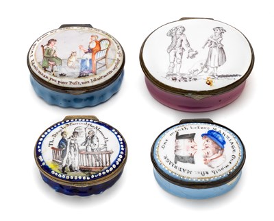 Lot 400 - A GROUP OF FOUR ENGLISH ENAMEL PATCH BOXES