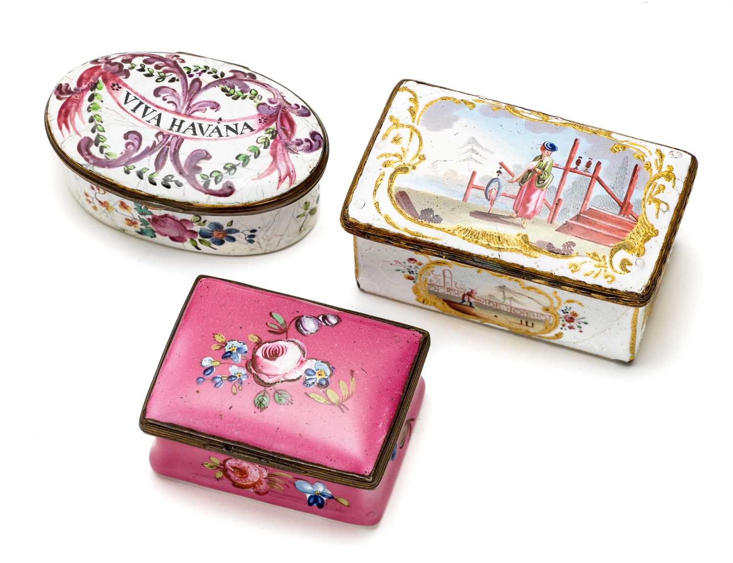 Pink Snuff Box Lot 402 - A GROUP OF THREE ENGLISH ENAMEL SNUFF BOXES