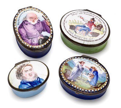 Lot 403 - A GROUP OF FOUR ENGLISH ENAMEL PATCH BOXES