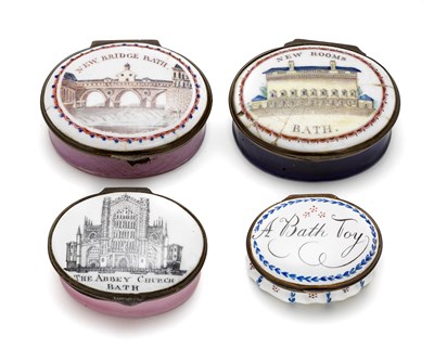 Lot 404 - A GROUP OF FOUR ENGLISH ENAMEL 'BATH SOUVENIR' PATCH BOXES