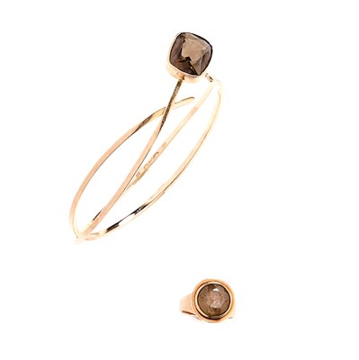 Lot 457 - □ SMOKY QUARTZ RING AND BANGLE, 1970s