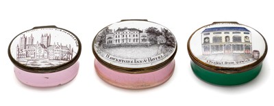 Lot 407 - A GROUP OF THREE ENGLISH ENAMEL 'SOUVENIR' PATCH BOXES