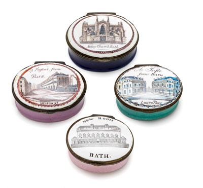 Lot 409 - A GROUP OF FOUR ENGLISH ENAMEL 'BATH SOUVENIR' PATCH BOXES