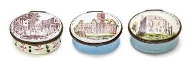 Lot 412 - A GROUP OF THREE ENGLISH ENAMEL SOUVENIR PATCH BOXES