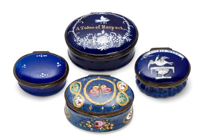 Lot 417 - A GROUP OF FOUR ENGLISH ENAMEL PATCH BOXES