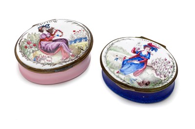 Lot 418 - TWO ENGLISH ENAMEL 'SEASONS' PATCH BOXES