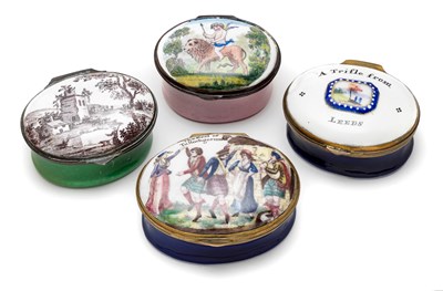 Lot 423 - A GROUP OF FOUR ENGLISH ENAMEL PATCH BOXES