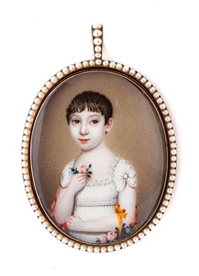 Lot 446 - ËœA PORTRAIT MINIATURE OF A YOUNG GIRL