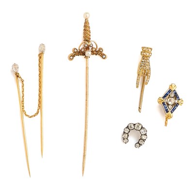 Lot 379 - □ COLLECTION OF SIX STICK PINS, 1900s