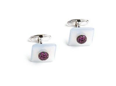 Lot 506 - PAIR OF CHALCEDONY AND RUBY CUFFLINKS