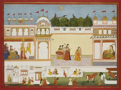 Lot 313 - A PALACE SCENE, PROBABLY DATIA, CENTRAL INDIA, MID-18TH CENTURY