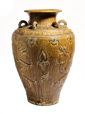 Lot 104 - A CHINESE MARTABAN BROWN-GLAZED 'DRAGON' JAR,  MING DYNASTY