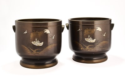 Lot 132 - A PAIR OF JAPANESE SILVER-INLAID BRONZE IKEBANA VASES, MEIJI PERIOD (1868-1912)